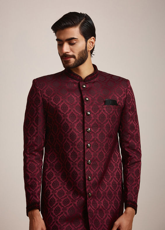 Manyavar Men Wine Patterned Sherwani Set