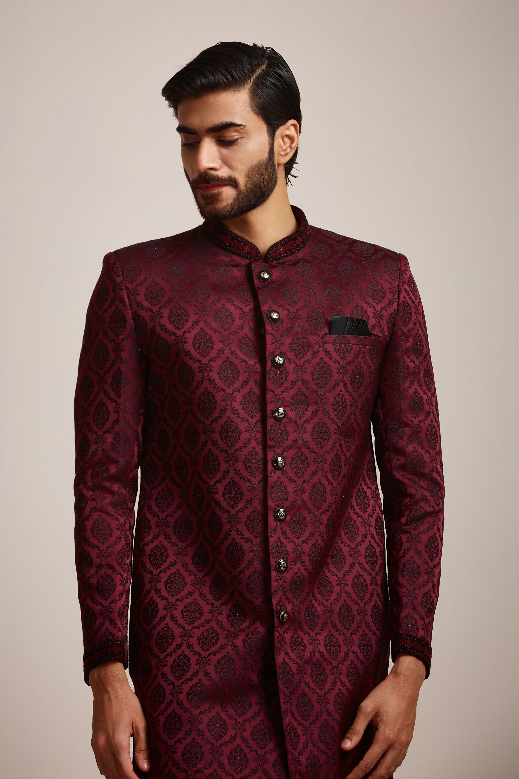 Manyavar Men Wine Patterned Sherwani Set