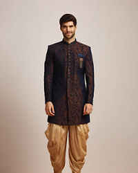 Manyavar Men Blue Brocade Indo Western Set