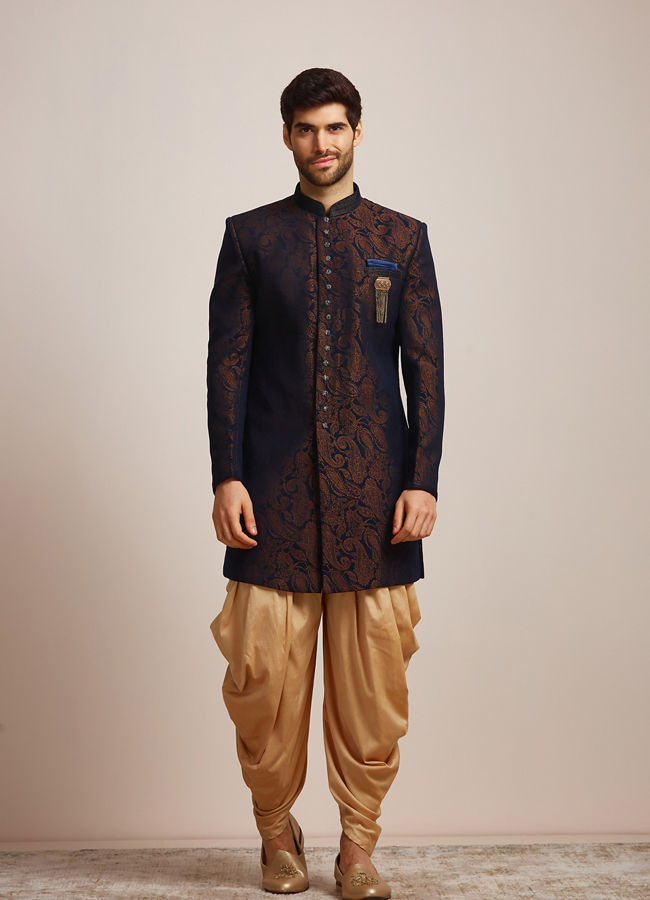 alt message - Manyavar Men Blue Brocade Indo Western Set image number 1