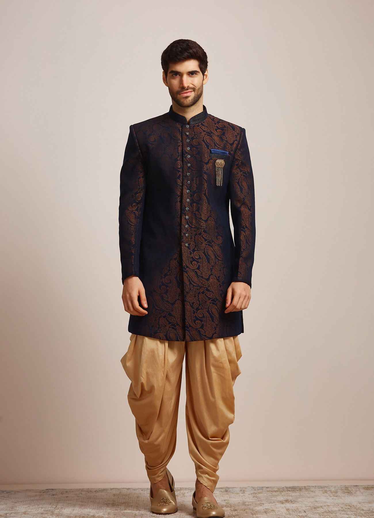 Manyavar Men Blue Brocade Indo Western Set