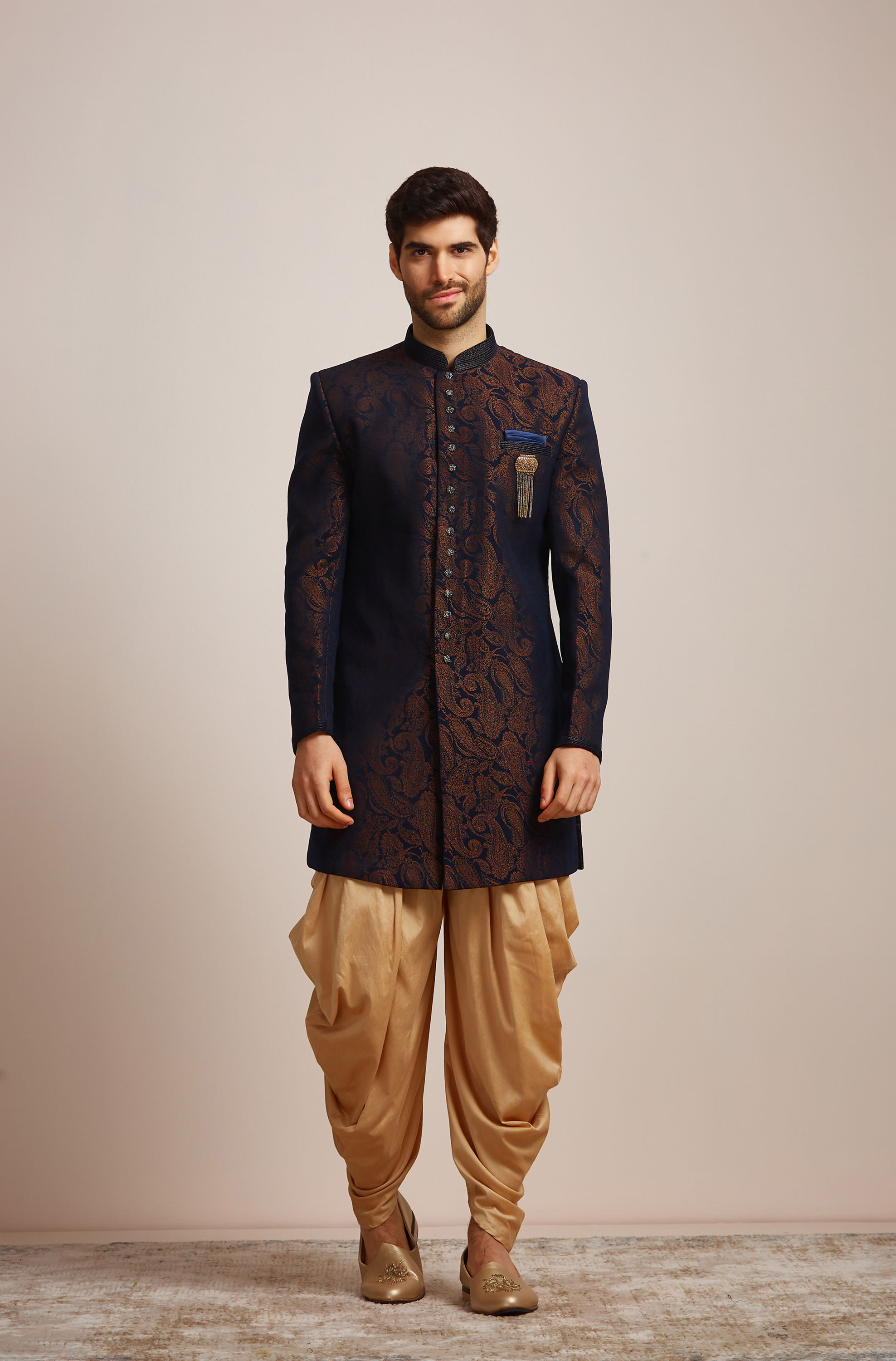 Manyavar Men Blue Brocade Indo Western Set