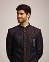 alt message - Manyavar Men Blue Brocade Indo Western Set image number 0