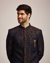 Manyavar Men Blue Brocade Indo Western Set