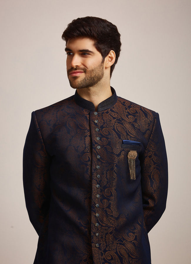 alt message - Manyavar Men Blue Brocade Indo Western Set image number 0