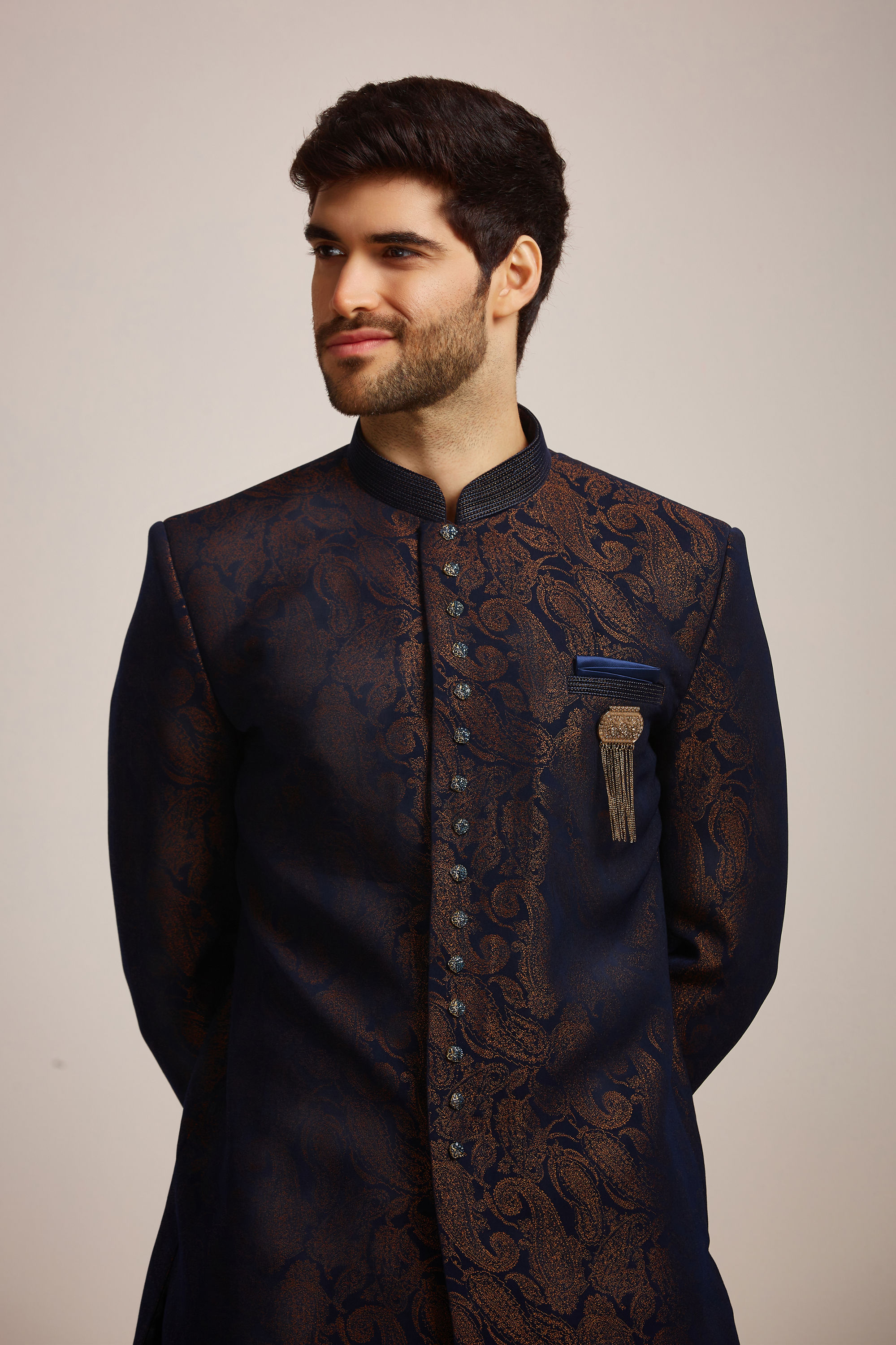 Manyavar Men Blue Brocade Indo Western Set