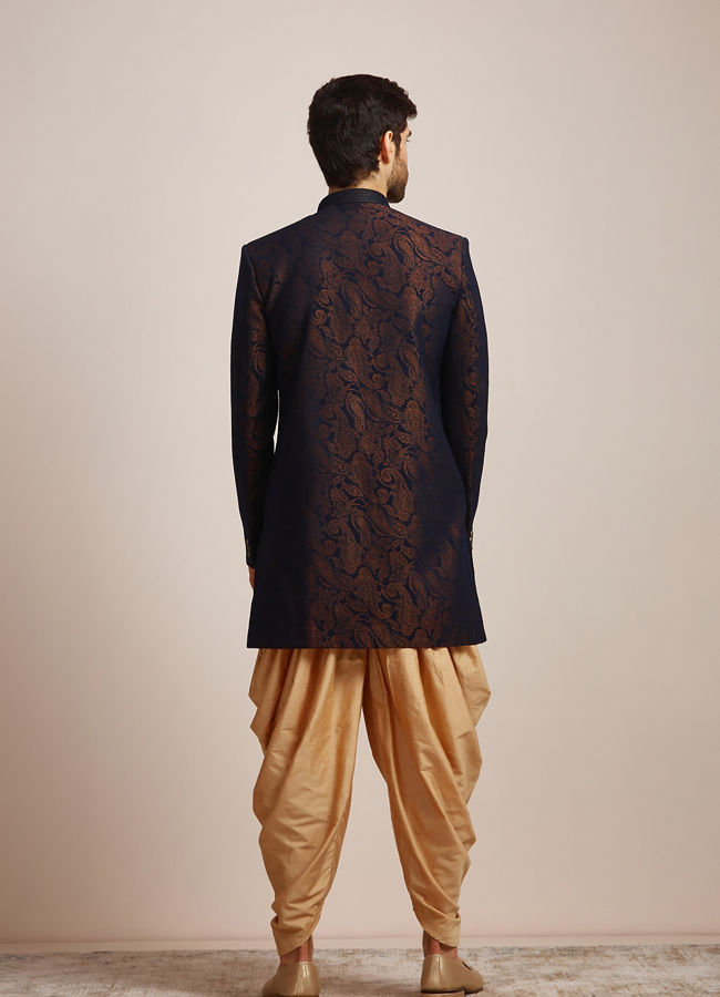 Manyavar Men Blue Brocade Indo Western Set