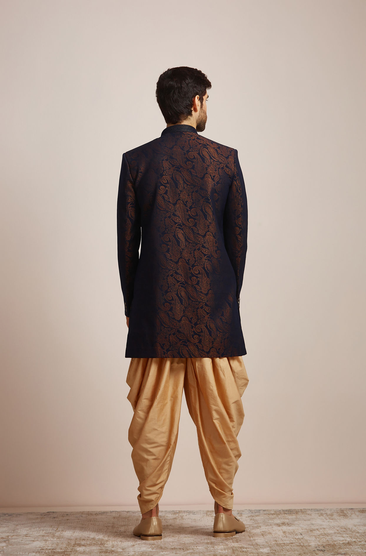 Manyavar Men Blue Brocade Indo Western Set
