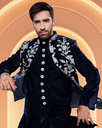 Manyavar Men Dark Blue Velvet Ensemble Indo Western
