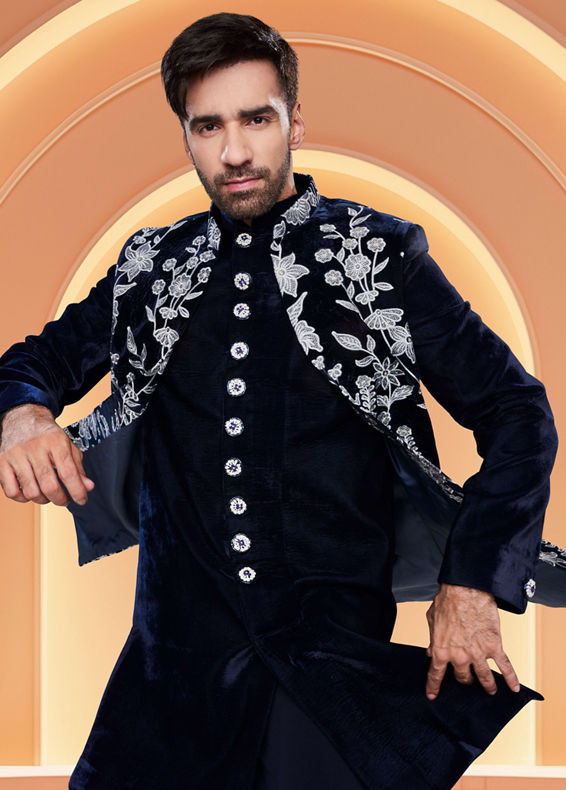 Manyavar Men Dark Blue Velvet Ensemble Indo Western