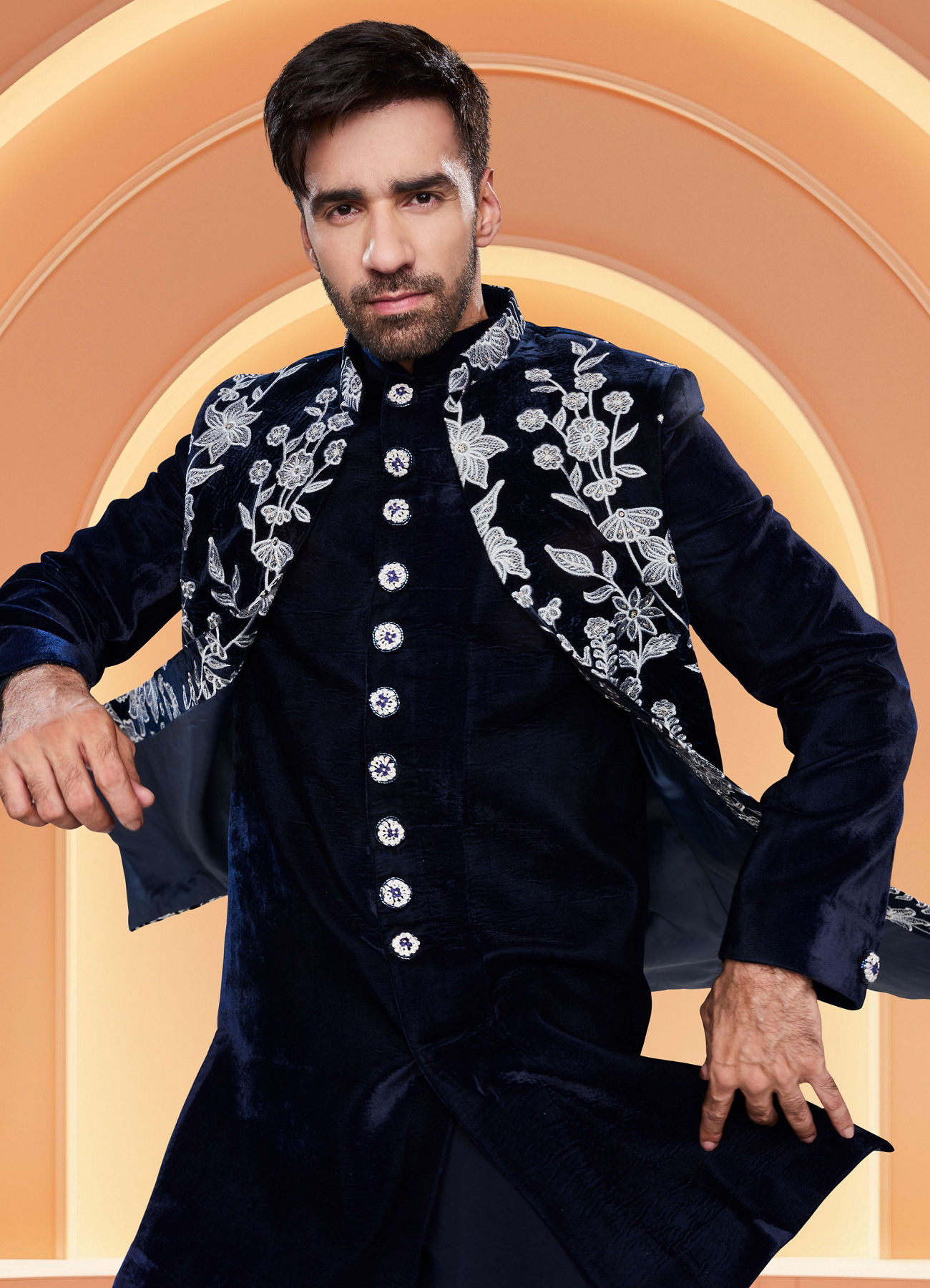 Manyavar Men Dark Blue Velvet Ensemble Indo Western