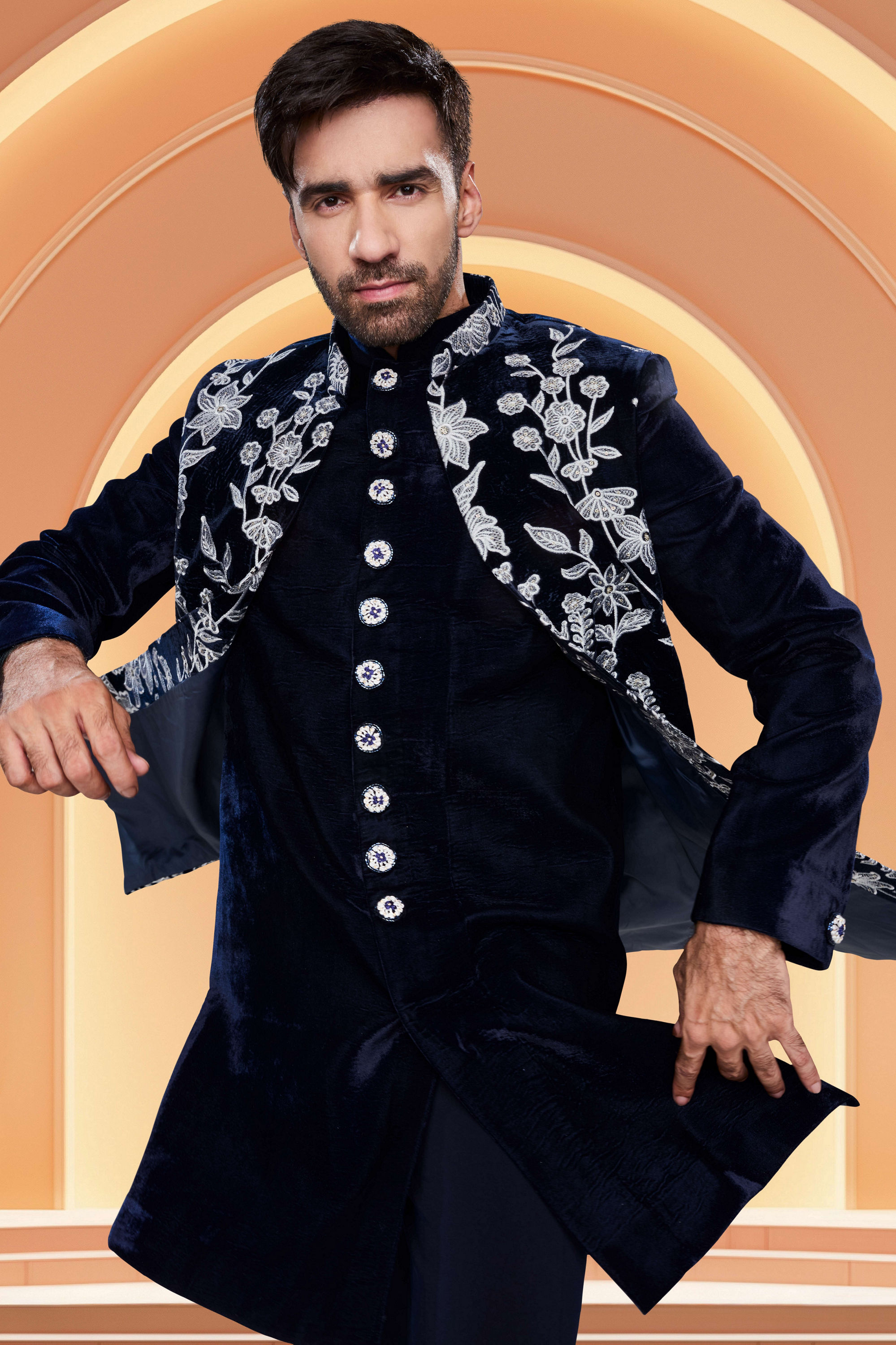 Manyavar Men Dark Blue Velvet Ensemble Indo Western