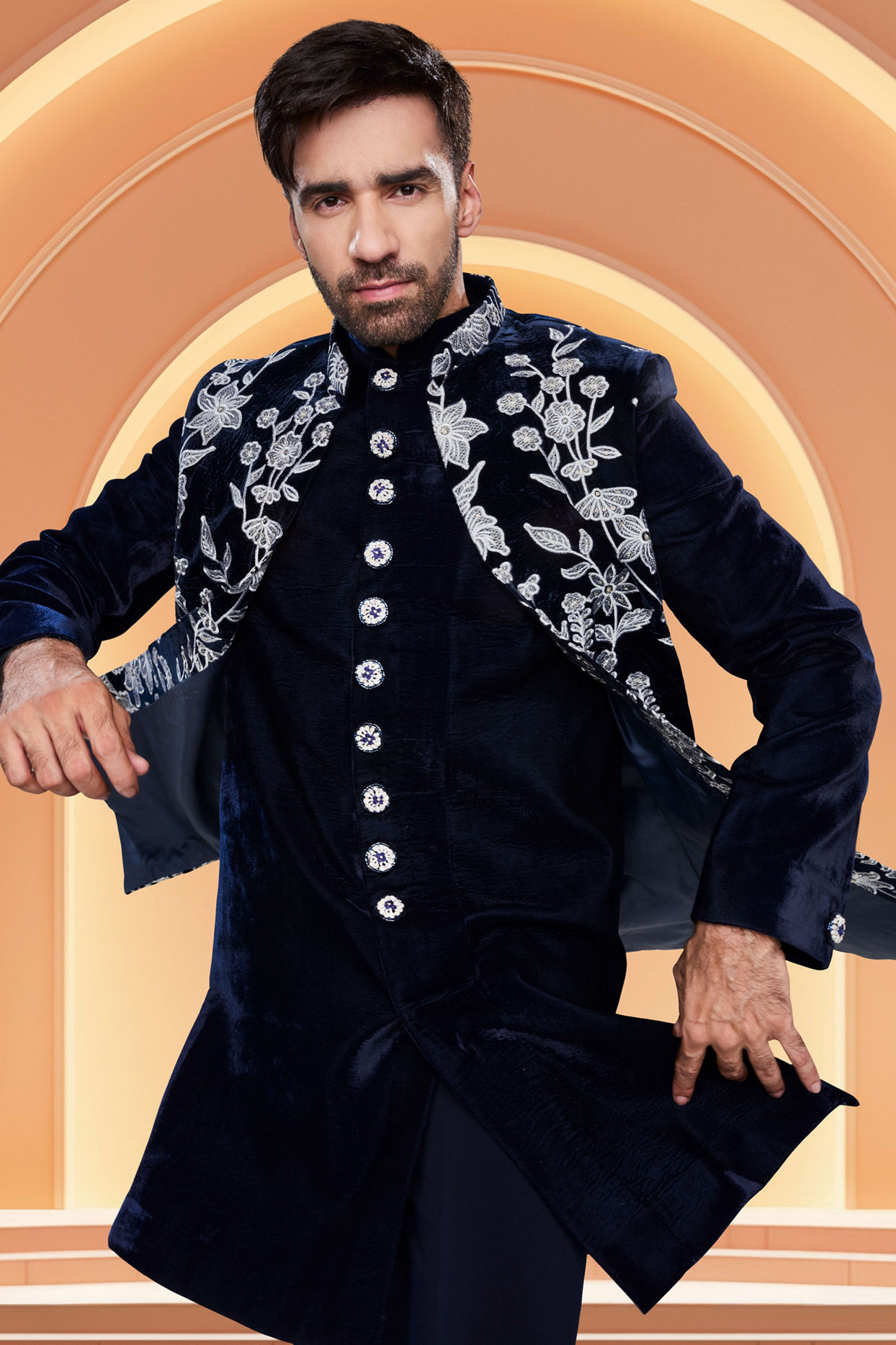 Manyavar Men Dark Blue Velvet Ensemble Indo Western