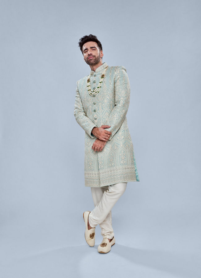 Manyavar Men Graceful Light Grey Sherwani image number 0