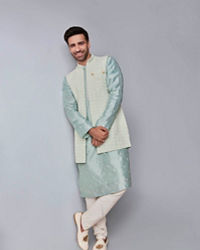 Manyavar Men Light Blue Elegance Kurta Jacket Set