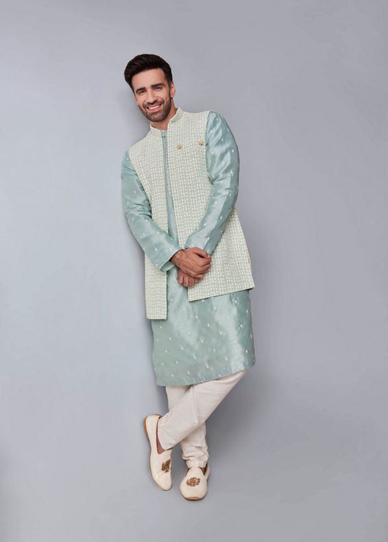 Manyavar Men Light Blue Elegance Kurta Jacket Set