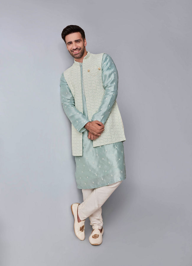 Manyavar Men Light Blue Elegance Kurta Jacket Set image number 0