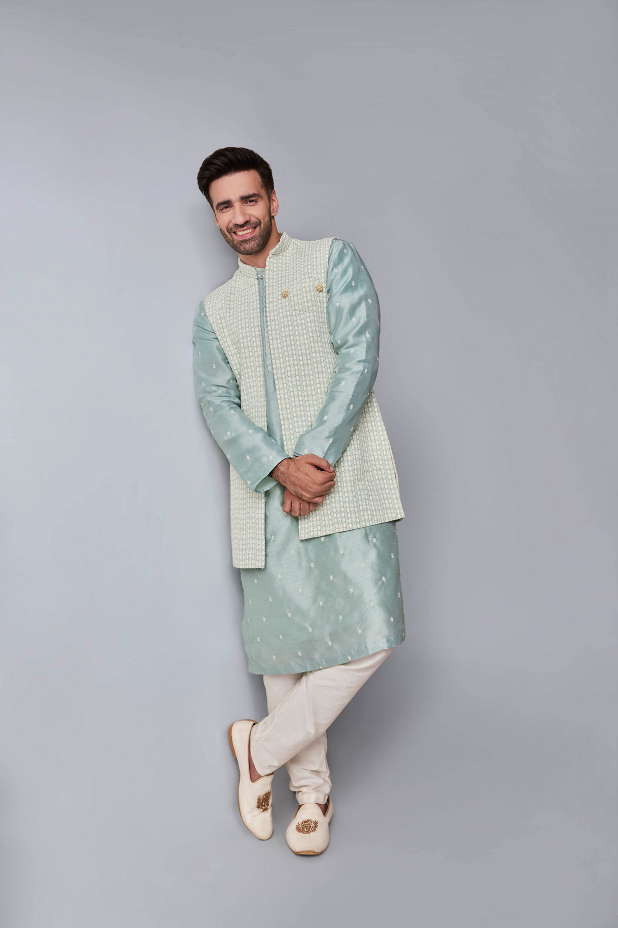 Manyavar Men Light Blue Elegance Kurta Jacket Set