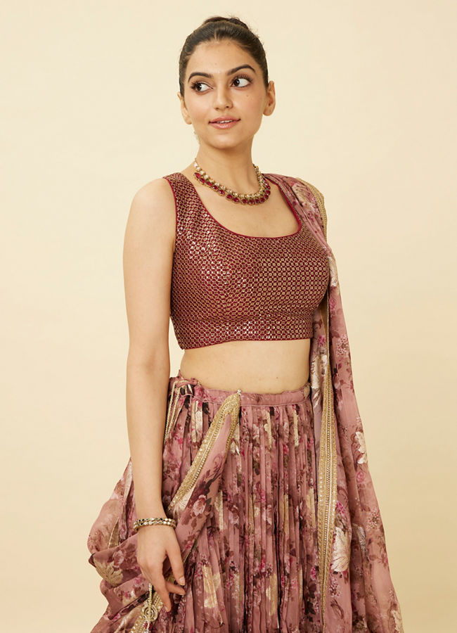 Mohey Women Ash Rose Pink Floral Printed Lehenga