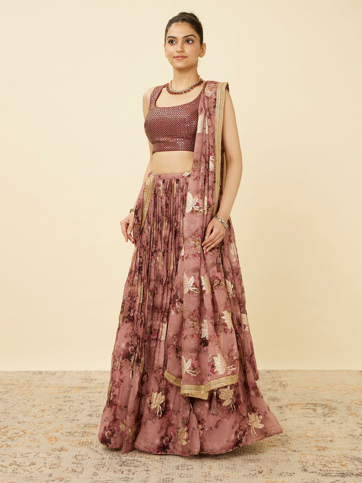 Mohey Women Ash Rose Pink Floral Printed Lehenga image number 3