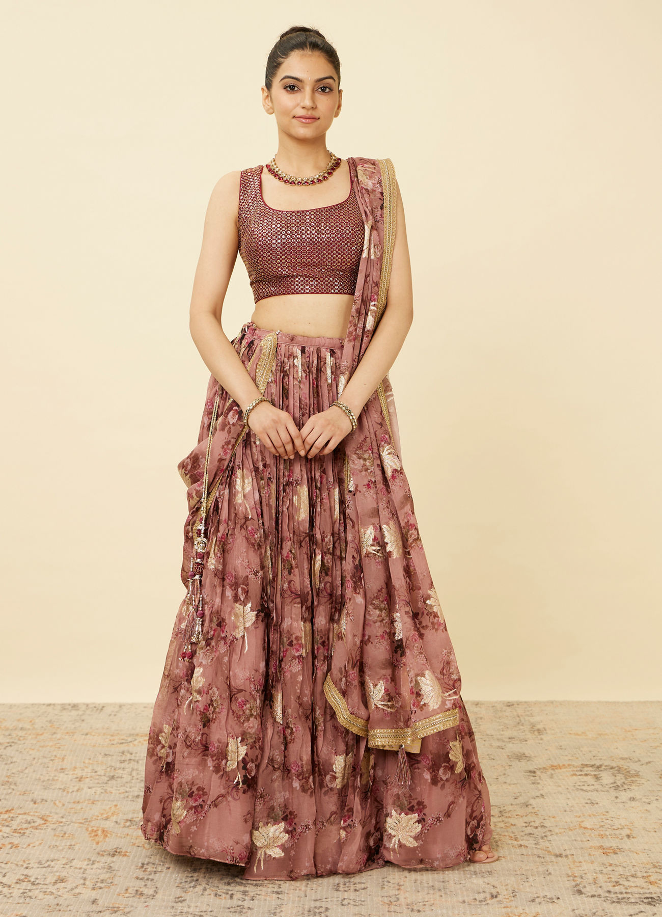 Mohey Women Ash Rose Pink Floral Printed Lehenga