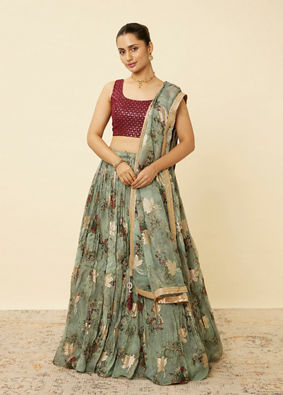 alt message - Mohey Women Sage Green Floral Printed Lehenga image number 0