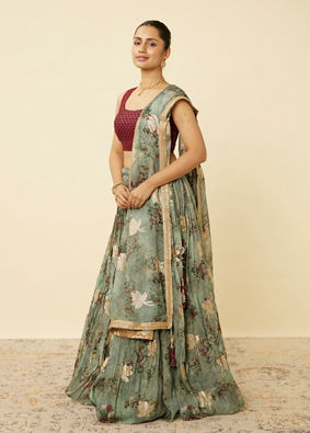 alt message - Mohey Women Sage Green Floral Printed Lehenga image number 3