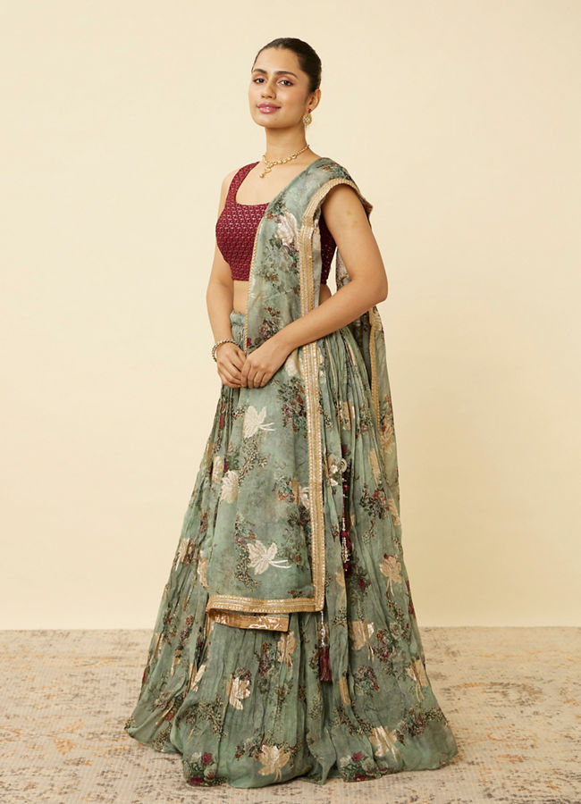 alt message - Mohey Women Sage Green Floral Printed Lehenga image number 3