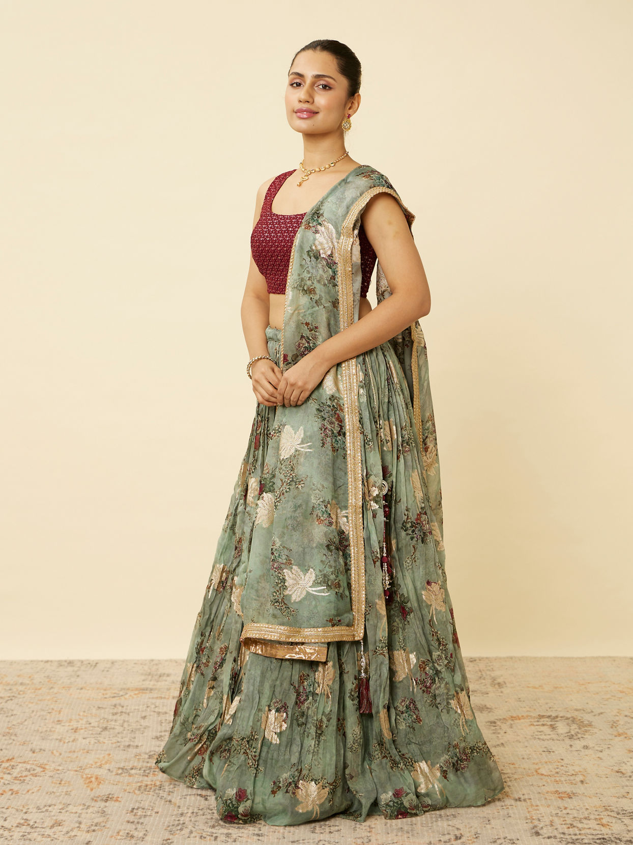 Mohey Women Sage Green Floral Printed Lehenga