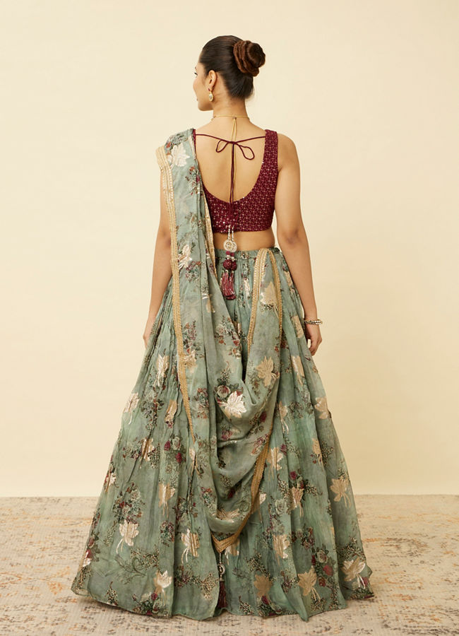 alt message - Mohey Women Sage Green Floral Printed Lehenga image number 4