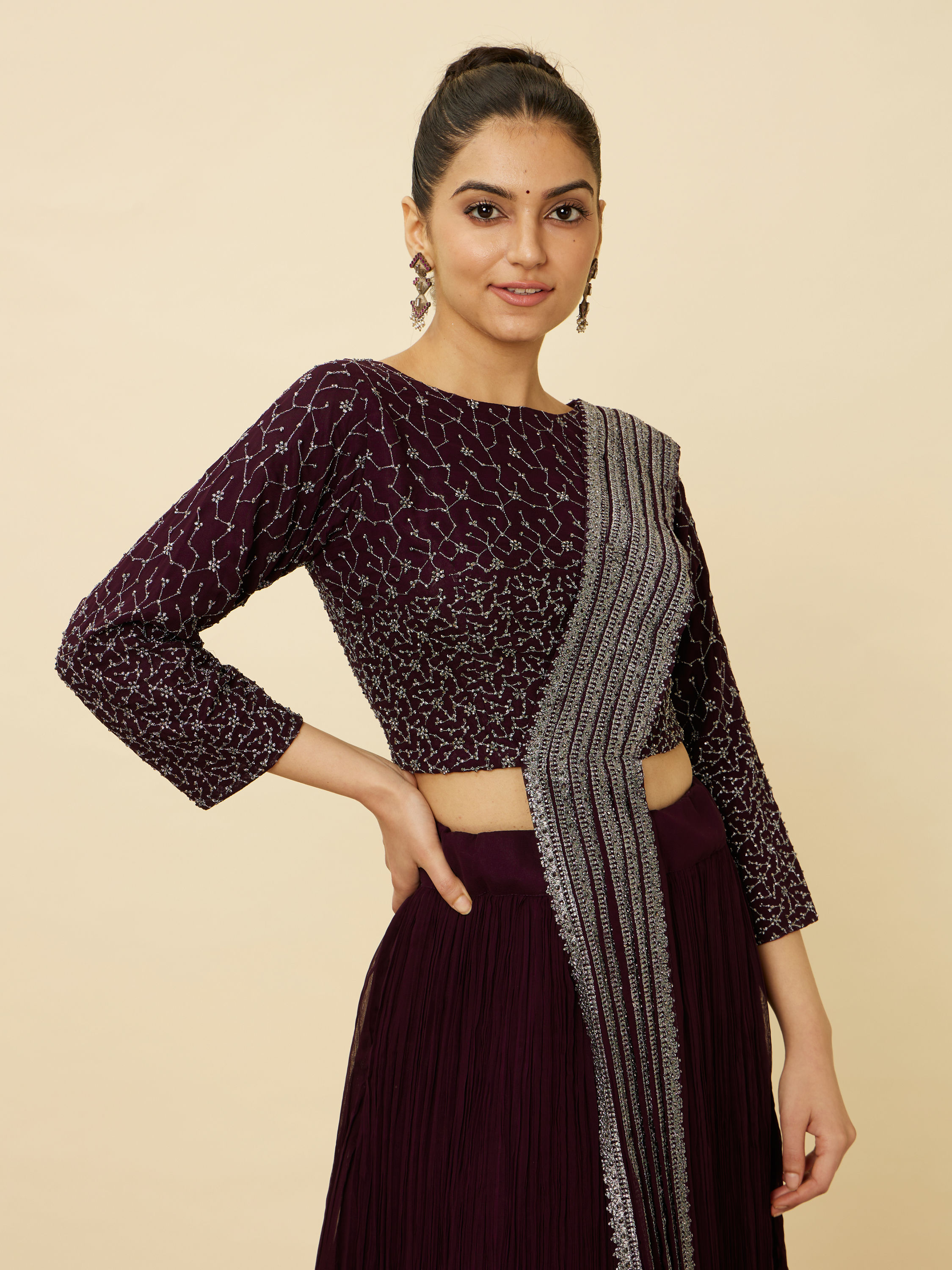 Mohey Women Wine Embellished Lehenga