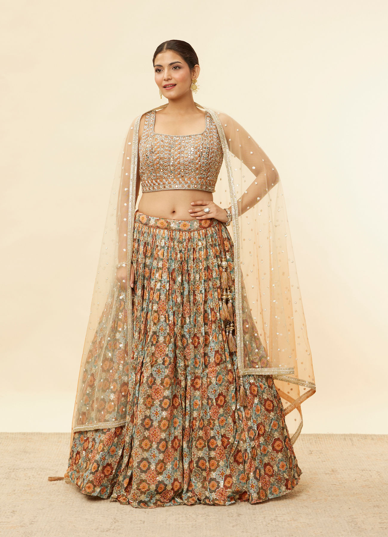 Mohey Women Rust and Seafoam Green Lehenga