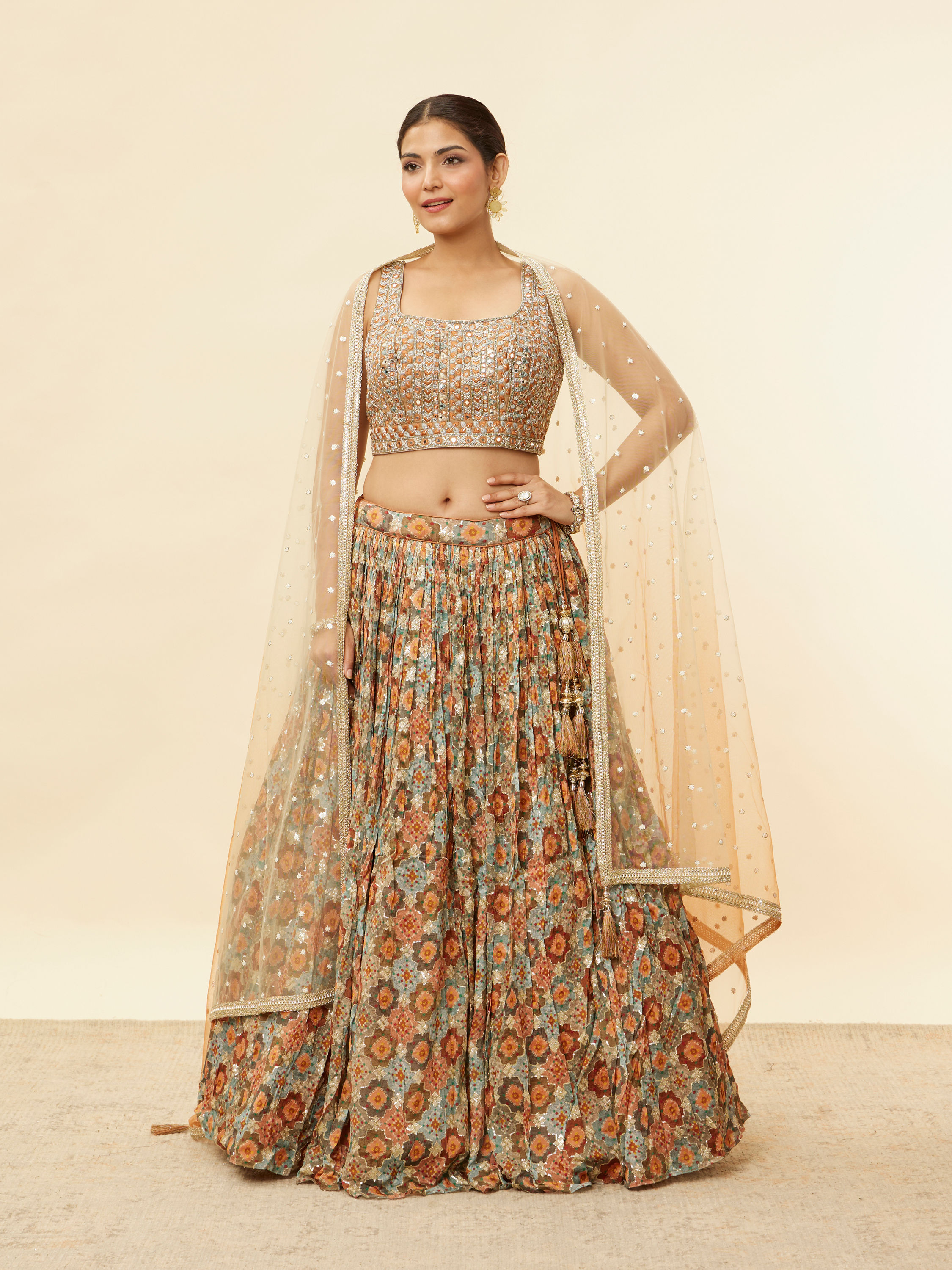 Mohey Women Rust and Seafoam Green Lehenga