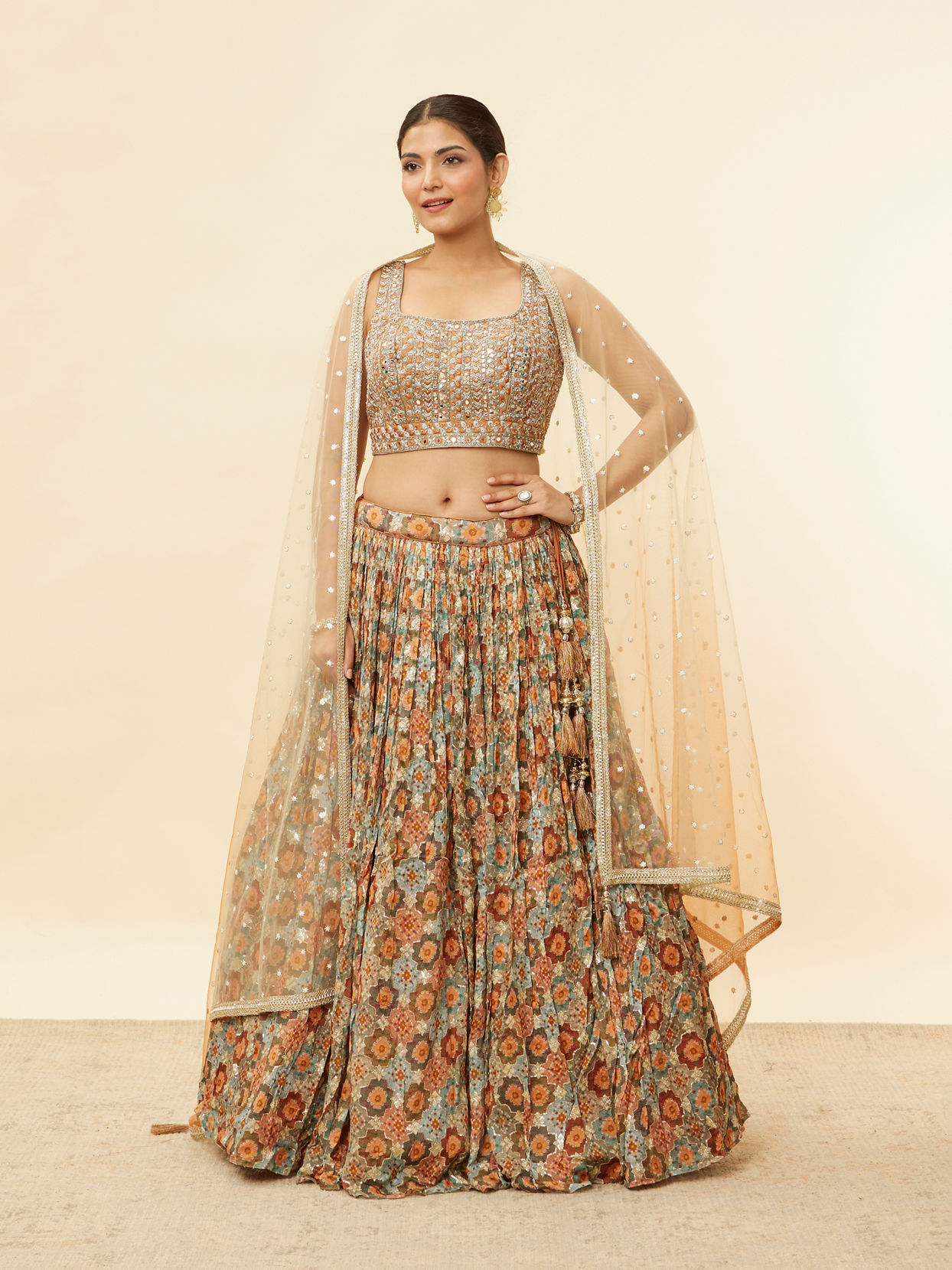 Mohey Women Rust and Seafoam Green Lehenga
