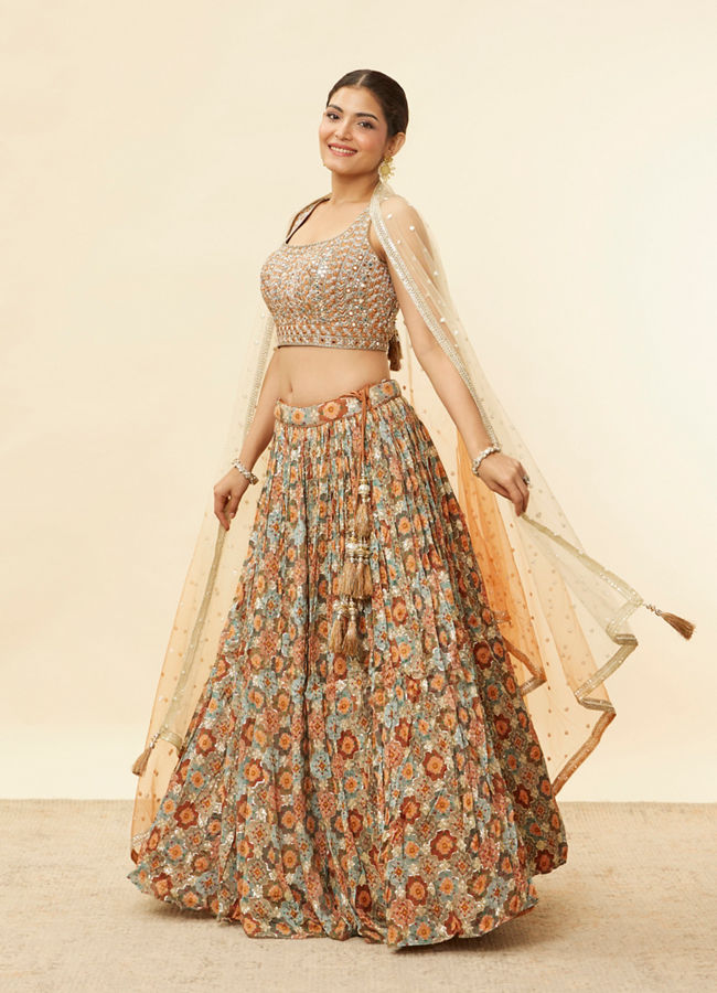 alt message - Mohey Women Rust and Seafoam Green Lehenga image number 2