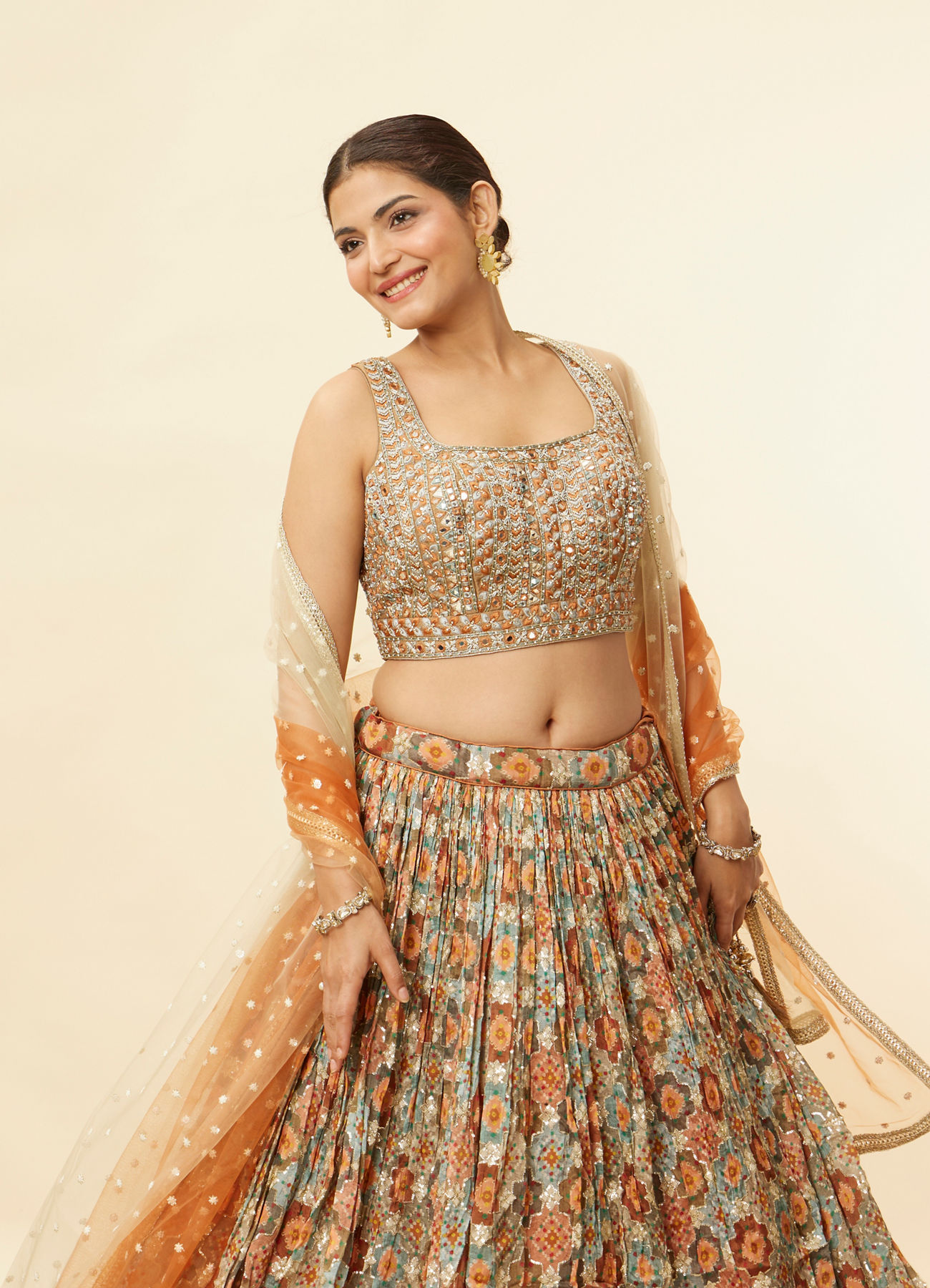 Mohey Women Rust and Seafoam Green Lehenga