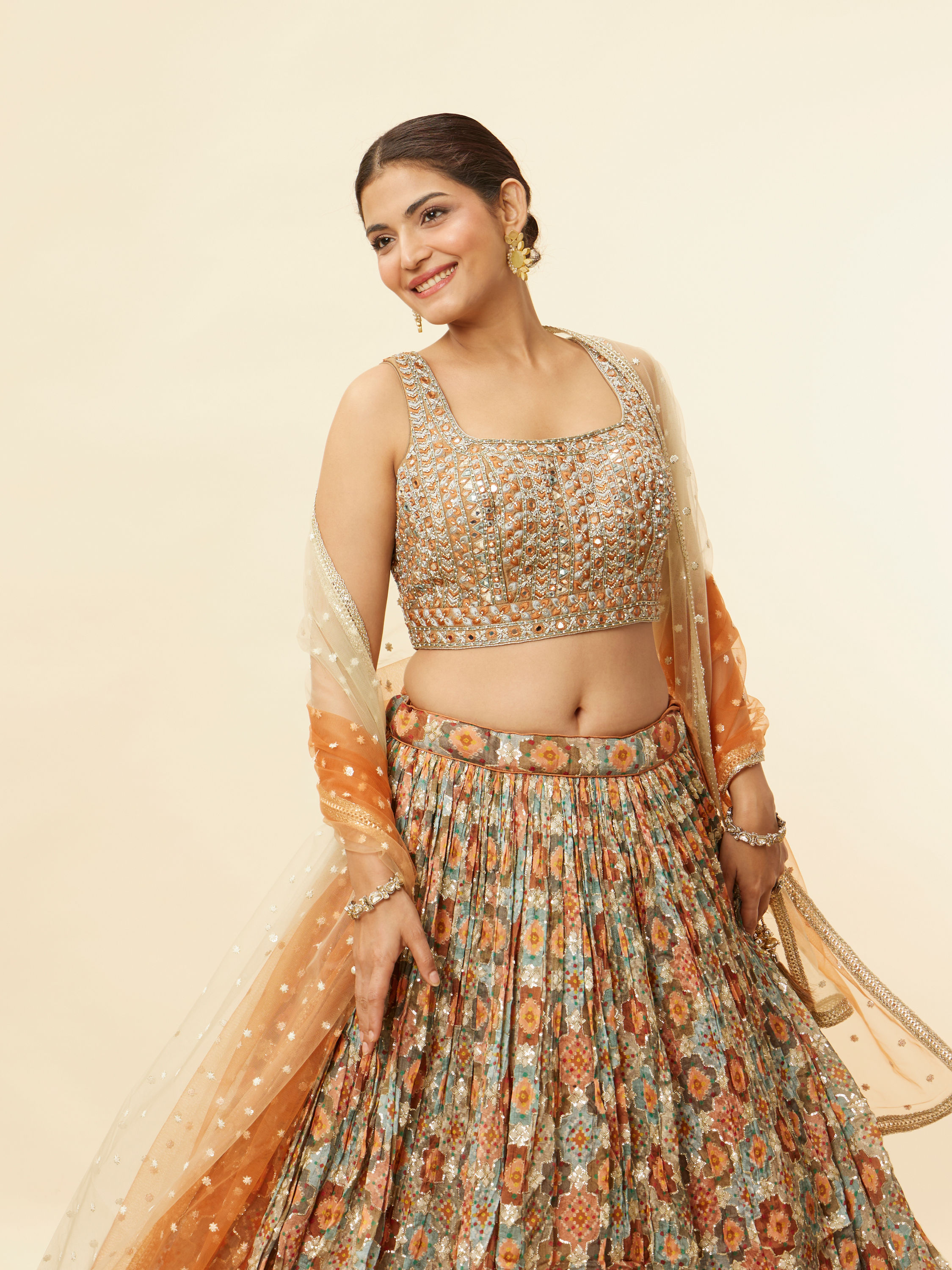 Mohey Women Rust and Seafoam Green Lehenga