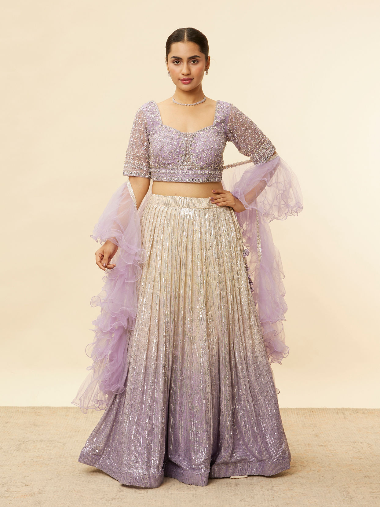 alt message - Mohey Women Lavender Purple Ombre Sequined Lehenga image number 0