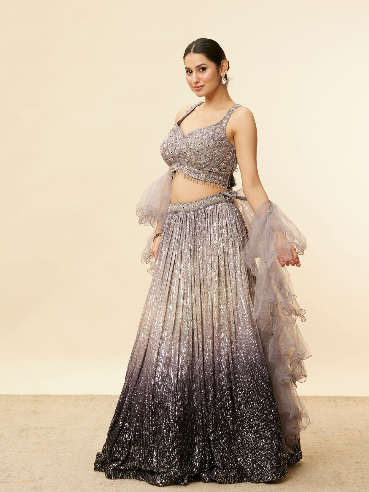 Mohey Women Smokey Grey Ombre Sequined Lehenga