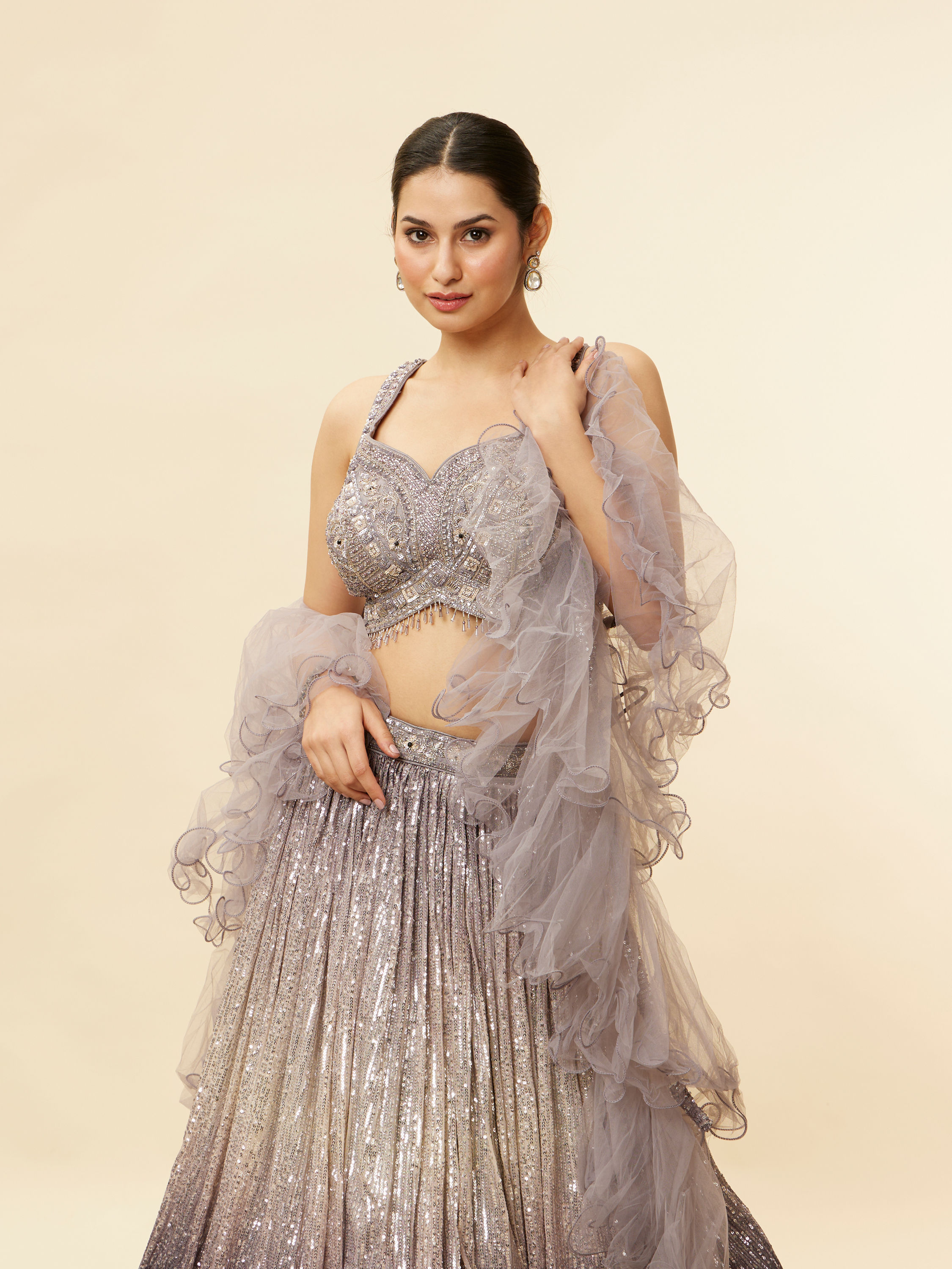 Mohey Women Smokey Grey Ombre Sequined Lehenga