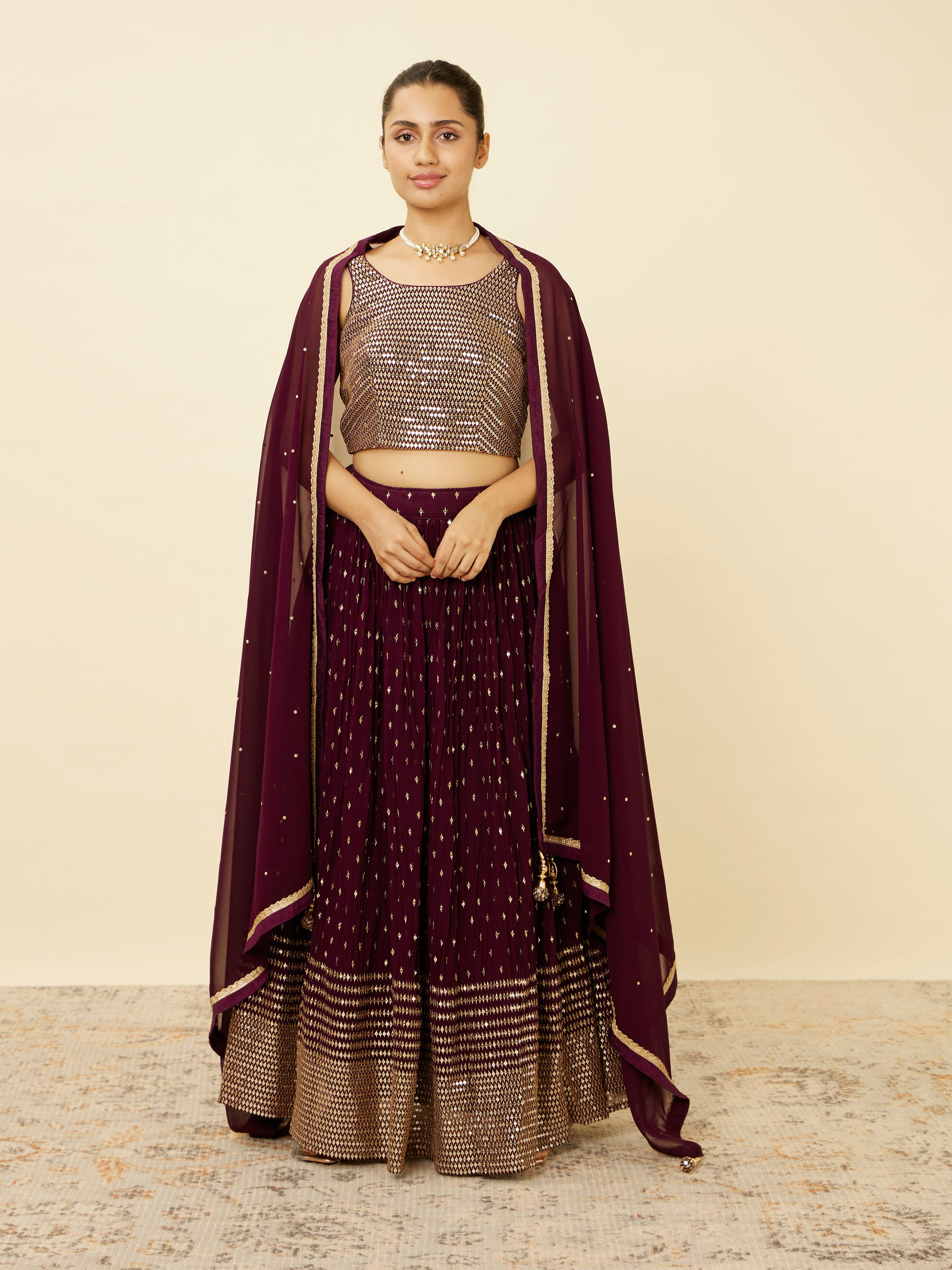 Mohey Women Wine Sequined Lehenga