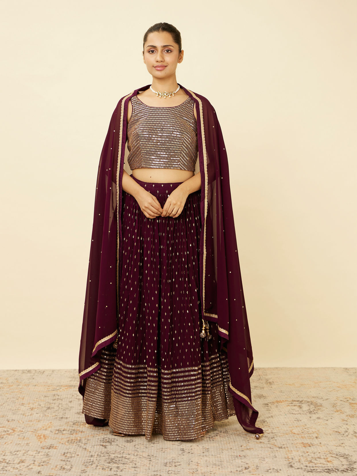 alt message - Mohey Women Wine Sequined Lehenga image number 0