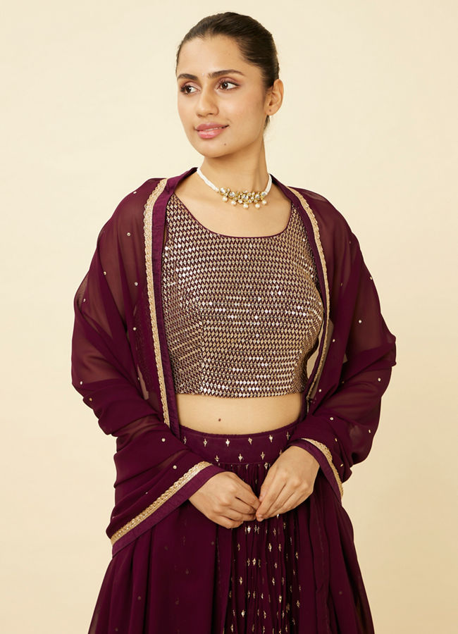 alt message - Mohey Women Wine Sequined Lehenga image number 1