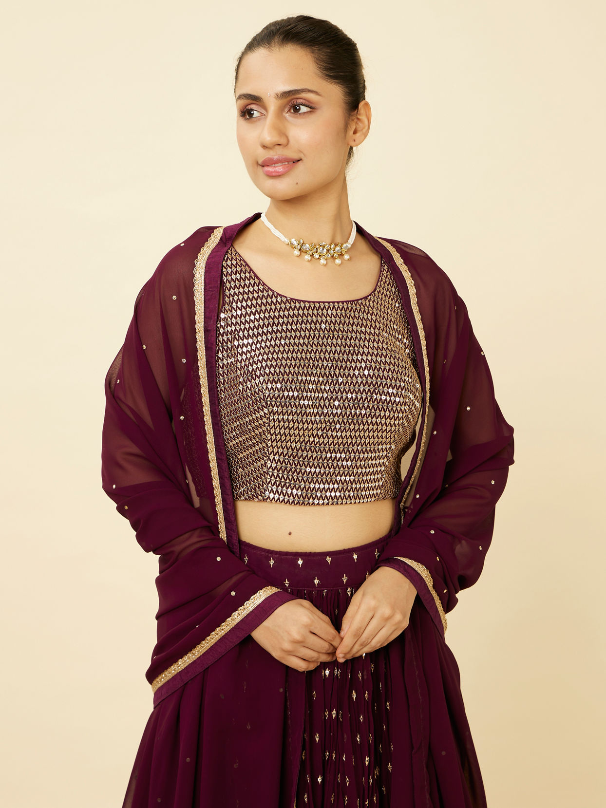 alt message - Mohey Women Wine Sequined Lehenga image number 1