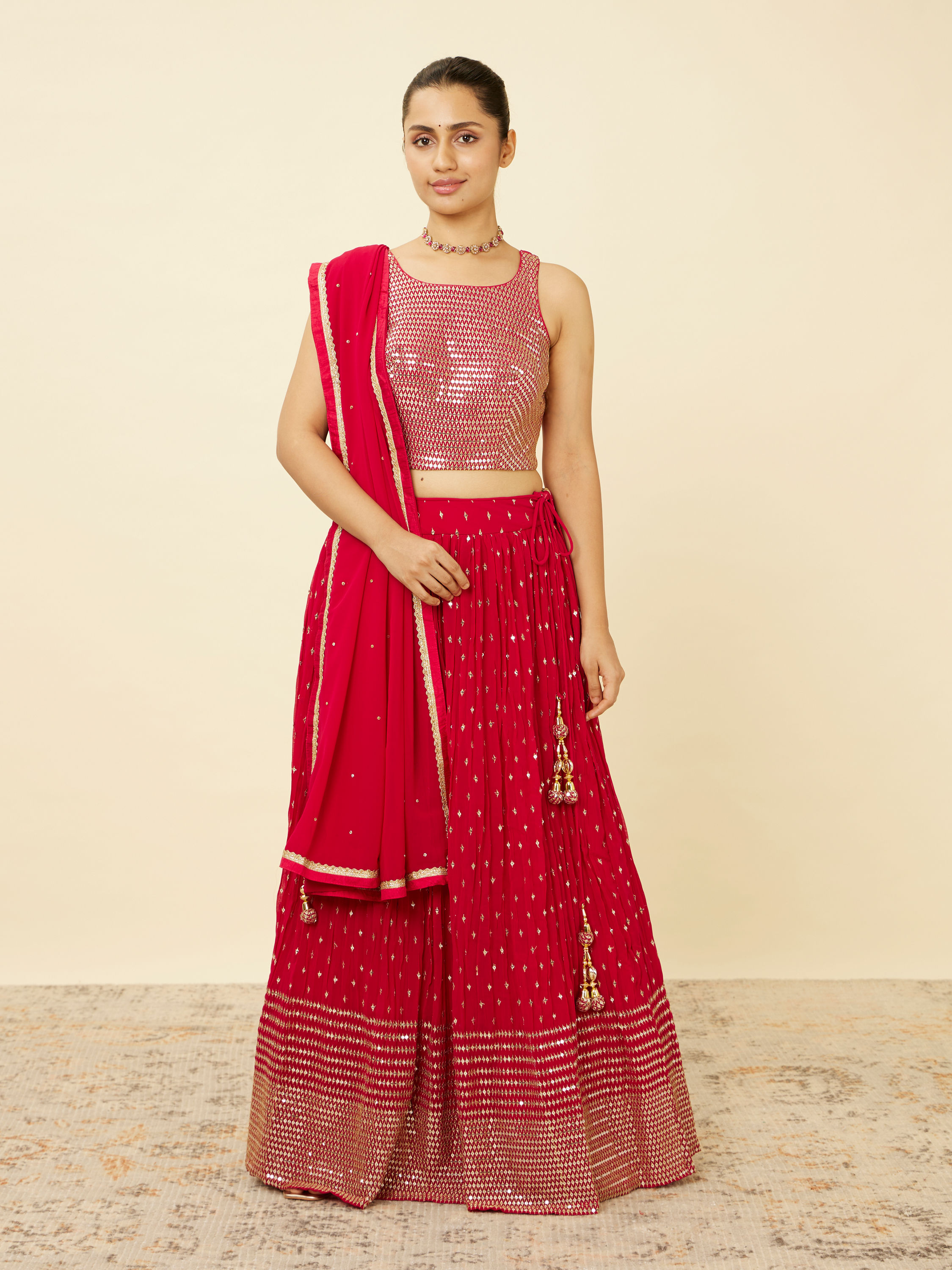 Mohey Women Fiesta Red Sequined Lehenga