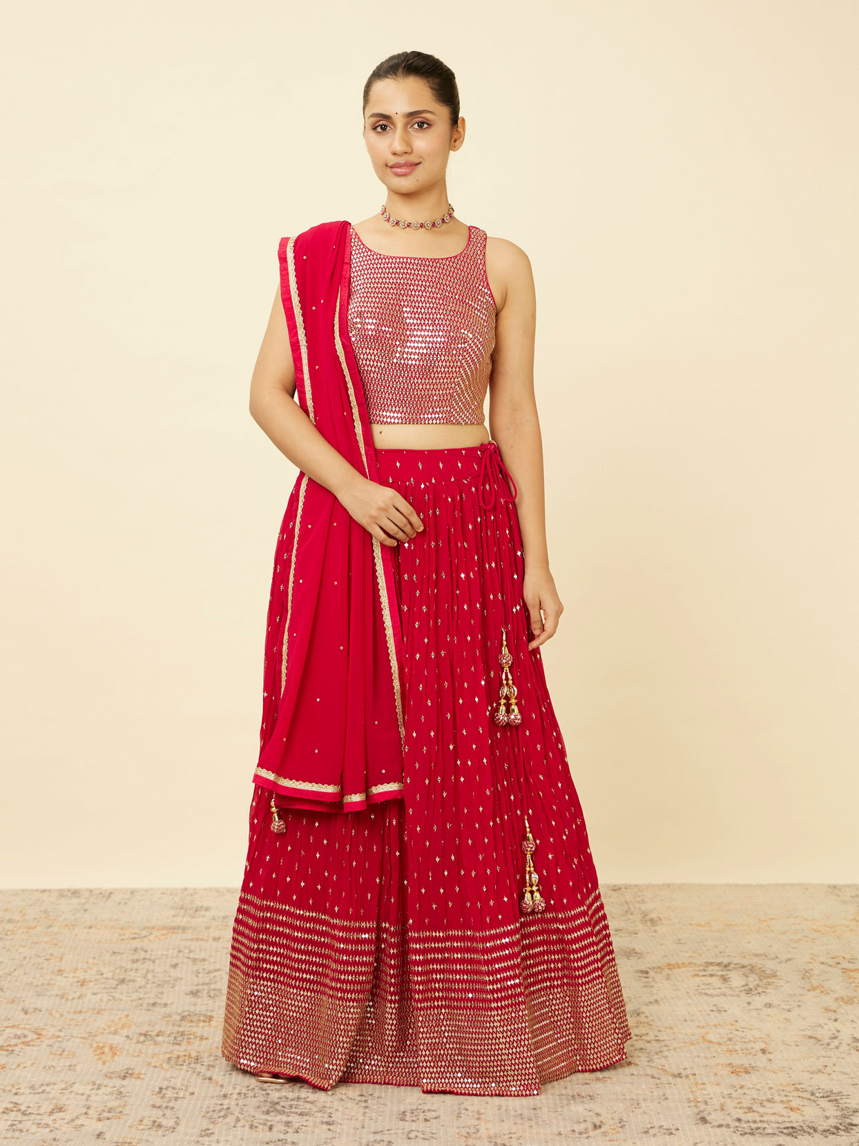 alt message - Mohey Women Fiesta Red Sequined Lehenga image number 0