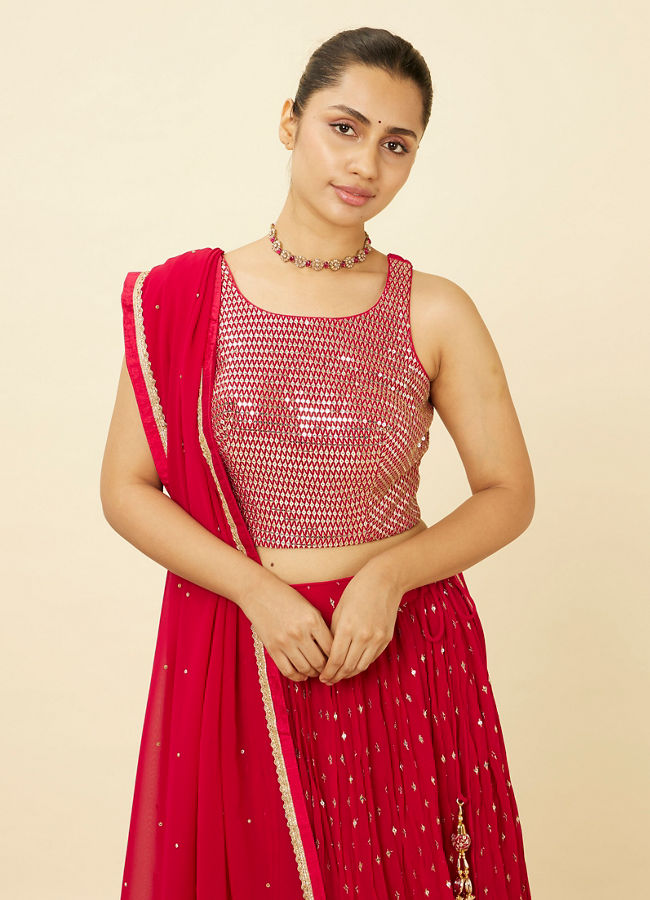 alt message - Mohey Women Fiesta Red Sequined Lehenga image number 1