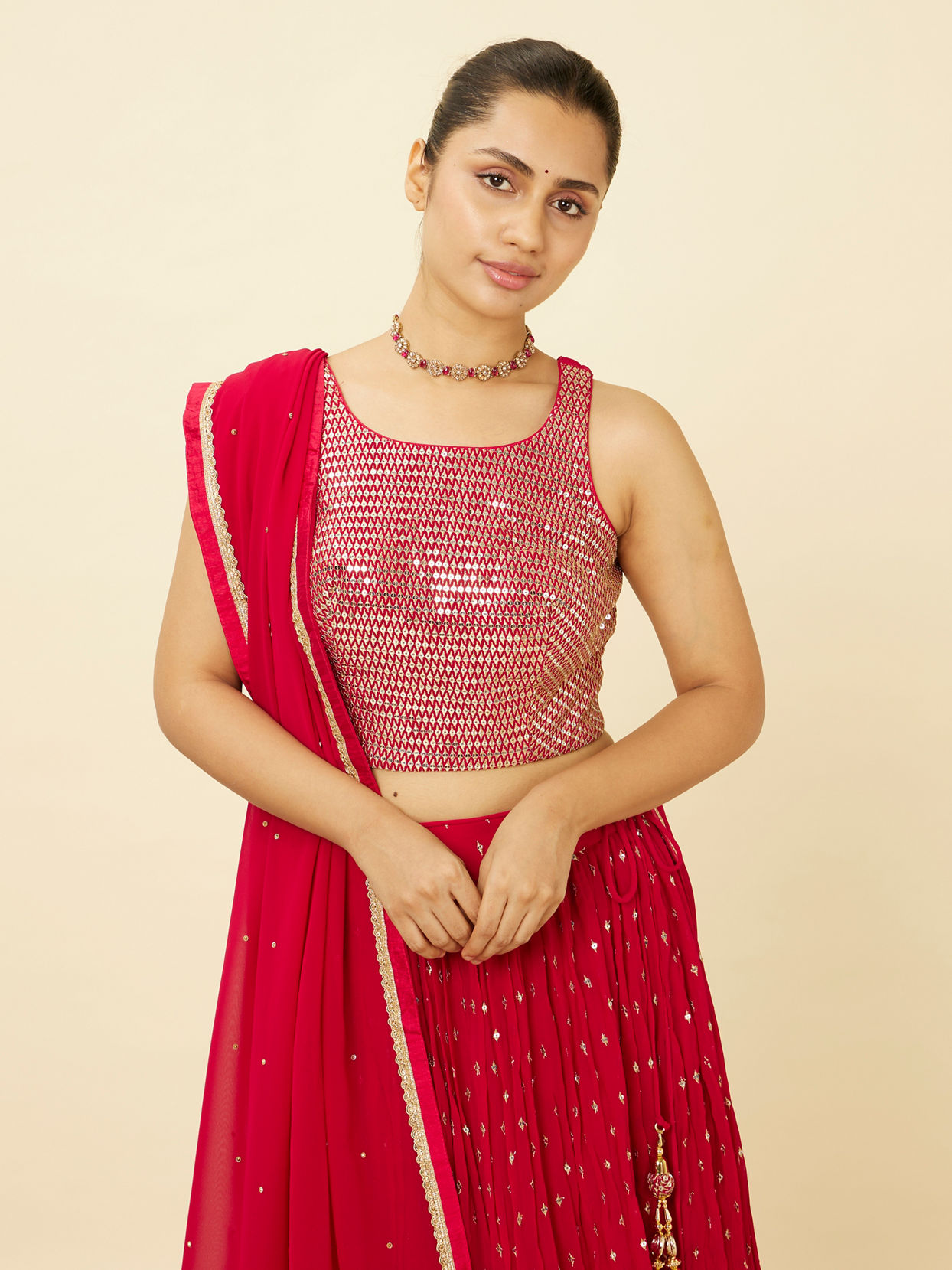 alt message - Mohey Women Fiesta Red Sequined Lehenga image number 1