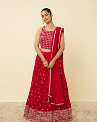 alt message - Mohey Women Coral Red Embroidered Lehenga image number 0