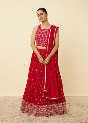 alt message - Mohey Women Coral Red Embroidered Lehenga image number 0